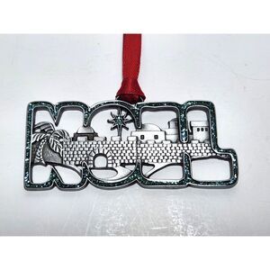 Pewter NOEL Bethlehem Scene Ornament with Red Ribbon Openwork Metal